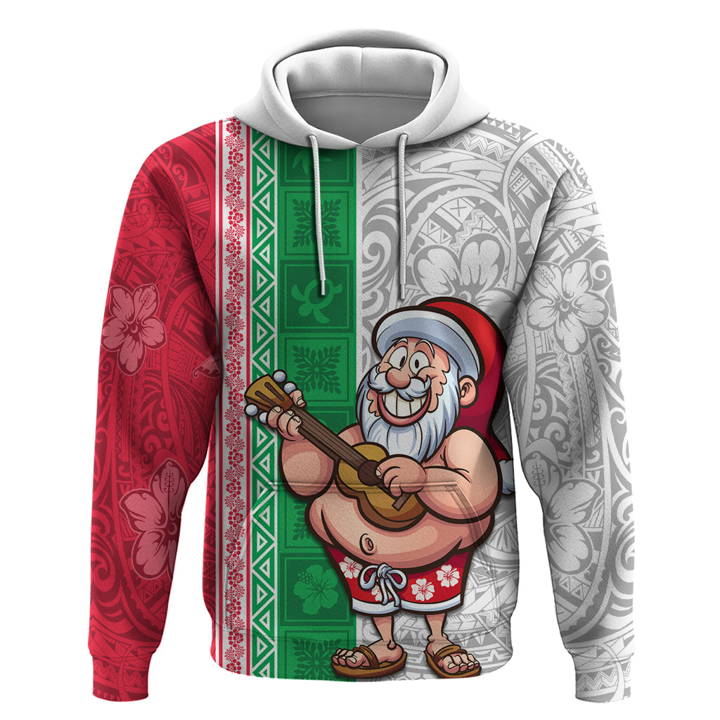 Hawaii Mele Kalikimaka Hoodie Santa Playing Ukele Mix Kakau Pattern Xmas Style LT03 Pullover Hoodie Red - Polynesian Pride