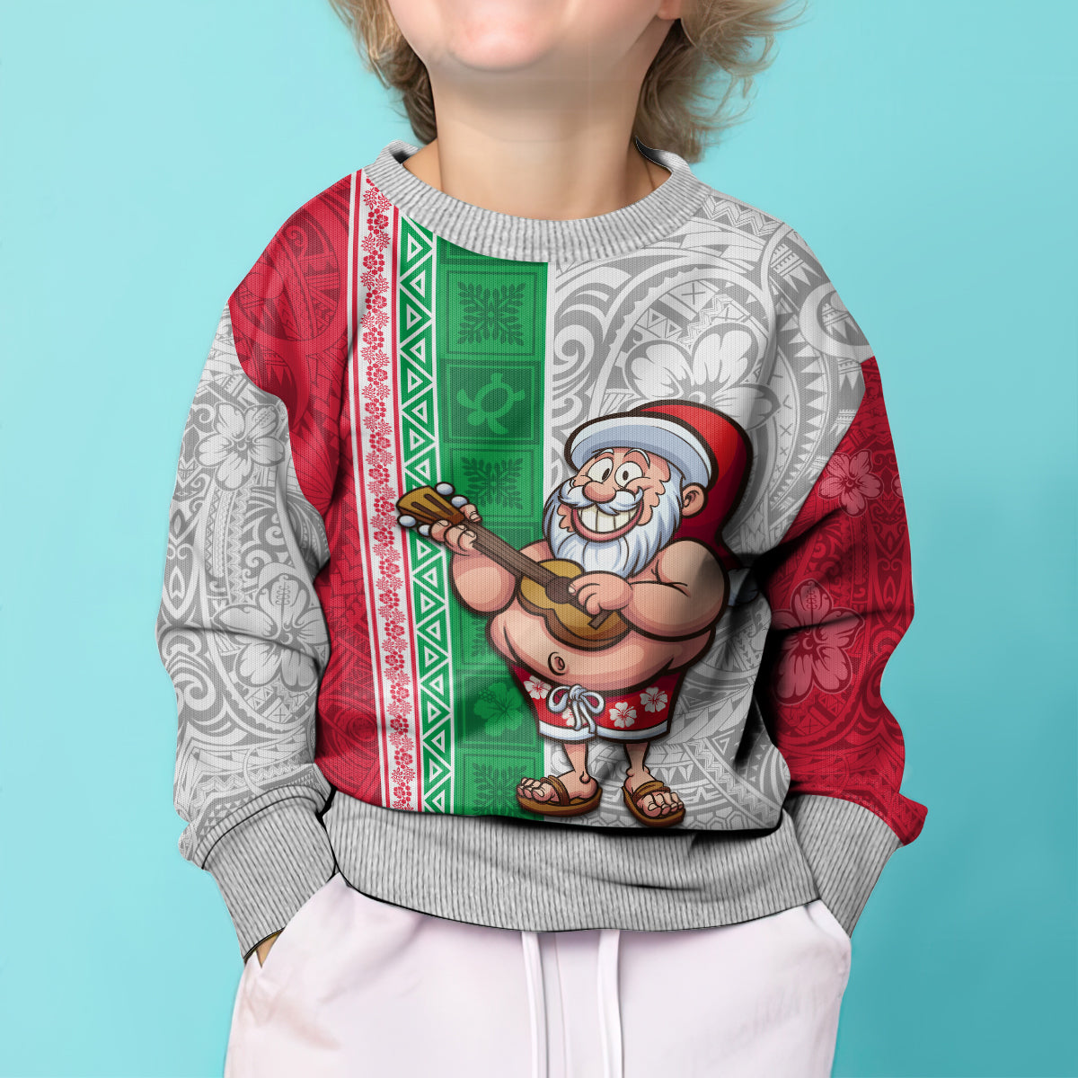 Hawaii Mele Kalikimaka Kid Ugly Christmas Sweater Santa Playing Ukele Mix Kakau Pattern Xmas Style LT03 - Polynesian Pride