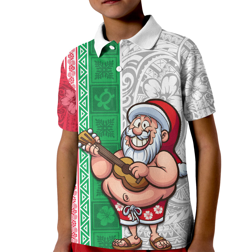 Hawaii Mele Kalikimaka Kid Polo Shirt Santa Playing Ukele Mix Kakau Pattern Xmas Style LT03 Kid Red - Polynesian Pride
