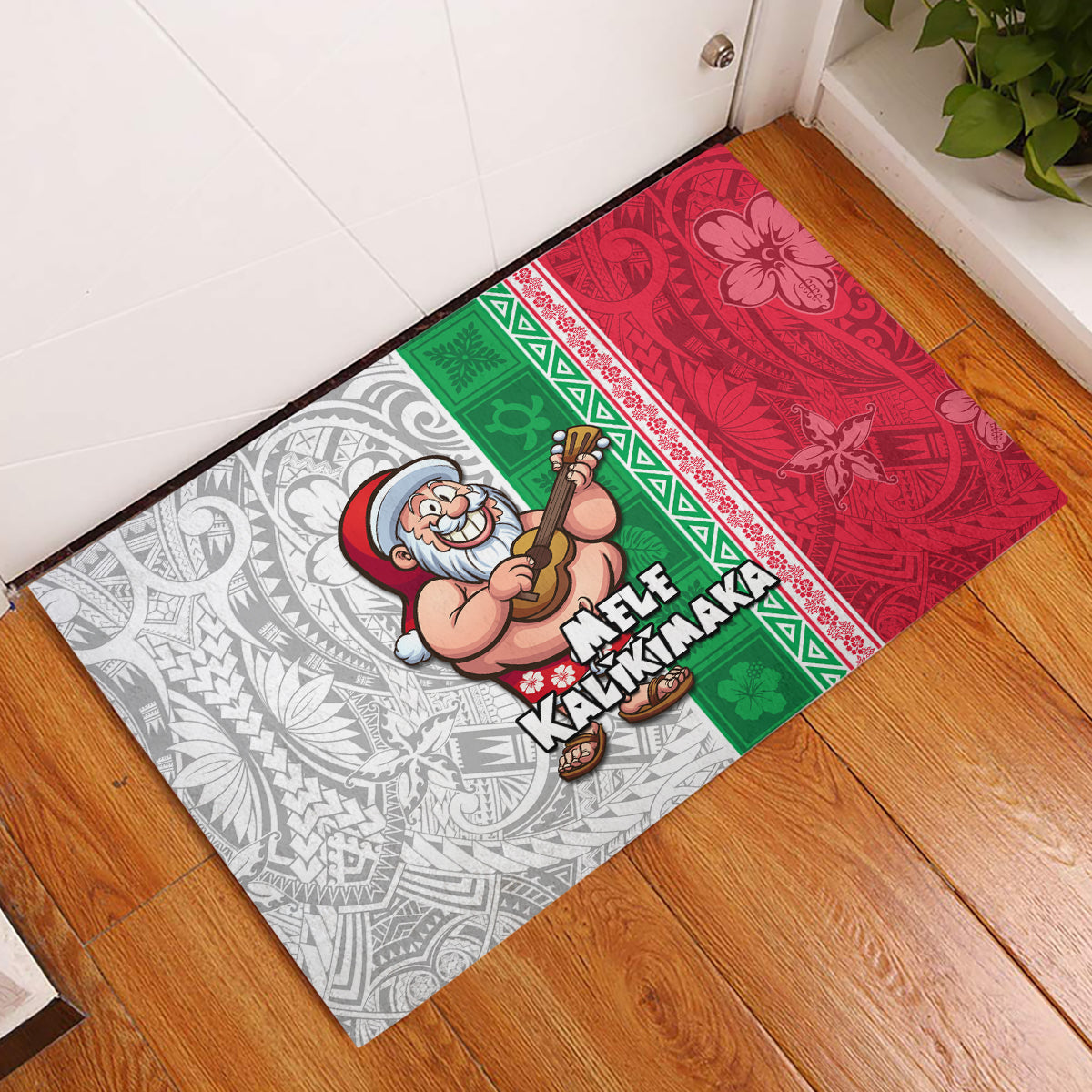 Hawaii Mele Kalikimaka Rubber Doormat Santa Playing Ukele Mix Kakau Pattern Xmas Style LT03 Red - Polynesian Pride