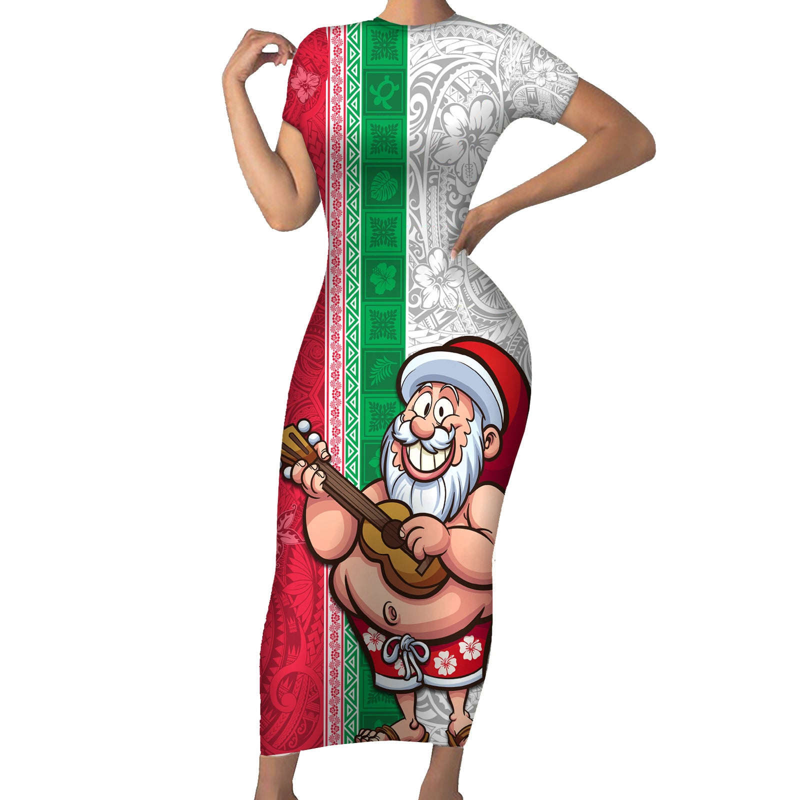 Hawaii Mele Kalikimaka Short Sleeve Bodycon Dress Santa Playing Ukele Mix Kakau Pattern Xmas Style LT03 Long Dress Red - Polynesian Pride