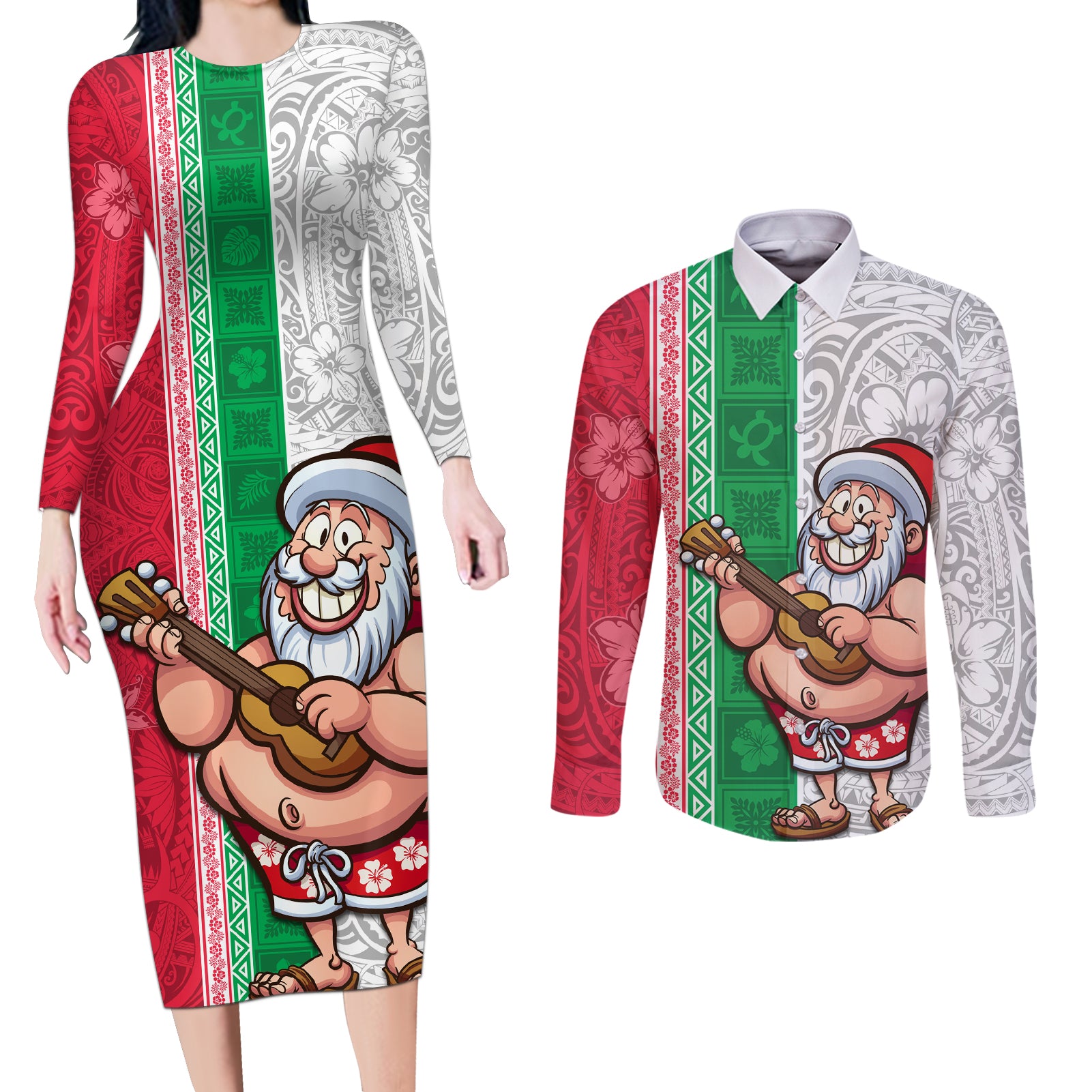 Custom Hawaii Mele Kalikimaka Couples Matching Long Sleeve Bodycon Dress and Long Sleeve Button Shirt Santa Playing Ukele Mix Kakau Pattern Xmas Style LT03 Red - Polynesian Pride