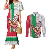 Custom Hawaii Mele Kalikimaka Couples Matching Mermaid Dress and Long Sleeve Button Shirt Santa Playing Ukele Mix Kakau Pattern Xmas Style LT03 Red - Polynesian Pride