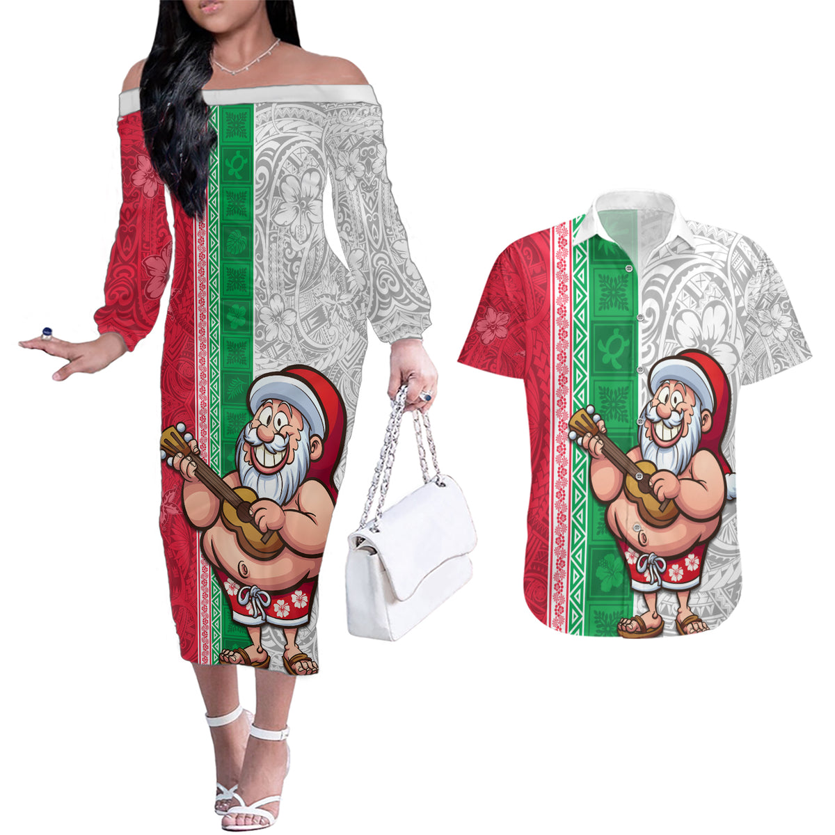 Custom Hawaii Mele Kalikimaka Couples Matching Off The Shoulder Long Sleeve Dress and Hawaiian Shirt Santa Playing Ukele Mix Kakau Pattern Xmas Style LT03 Red - Polynesian Pride
