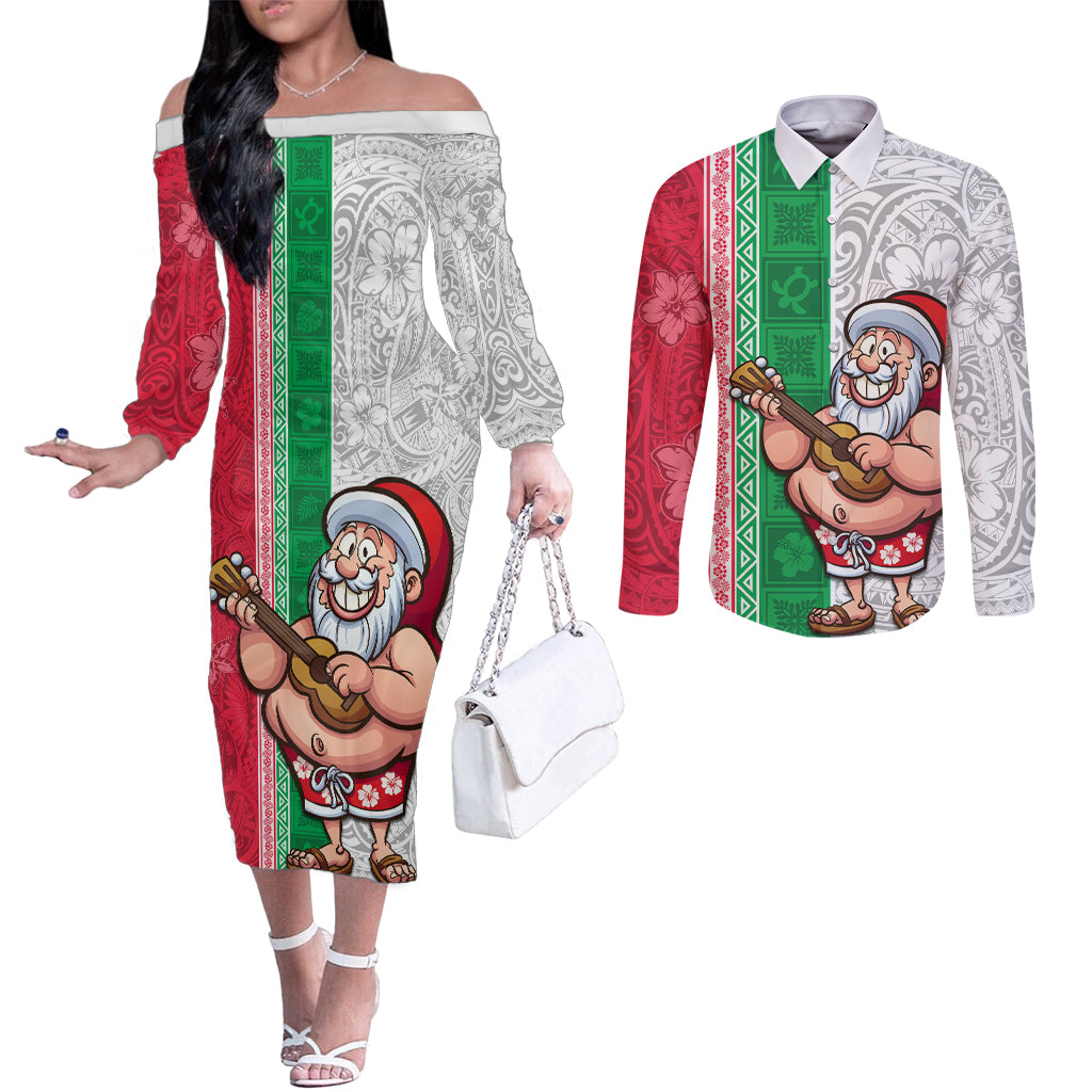 Custom Hawaii Mele Kalikimaka Couples Matching Off The Shoulder Long Sleeve Dress and Long Sleeve Button Shirt Santa Playing Ukele Mix Kakau Pattern Xmas Style LT03 Red - Polynesian Pride