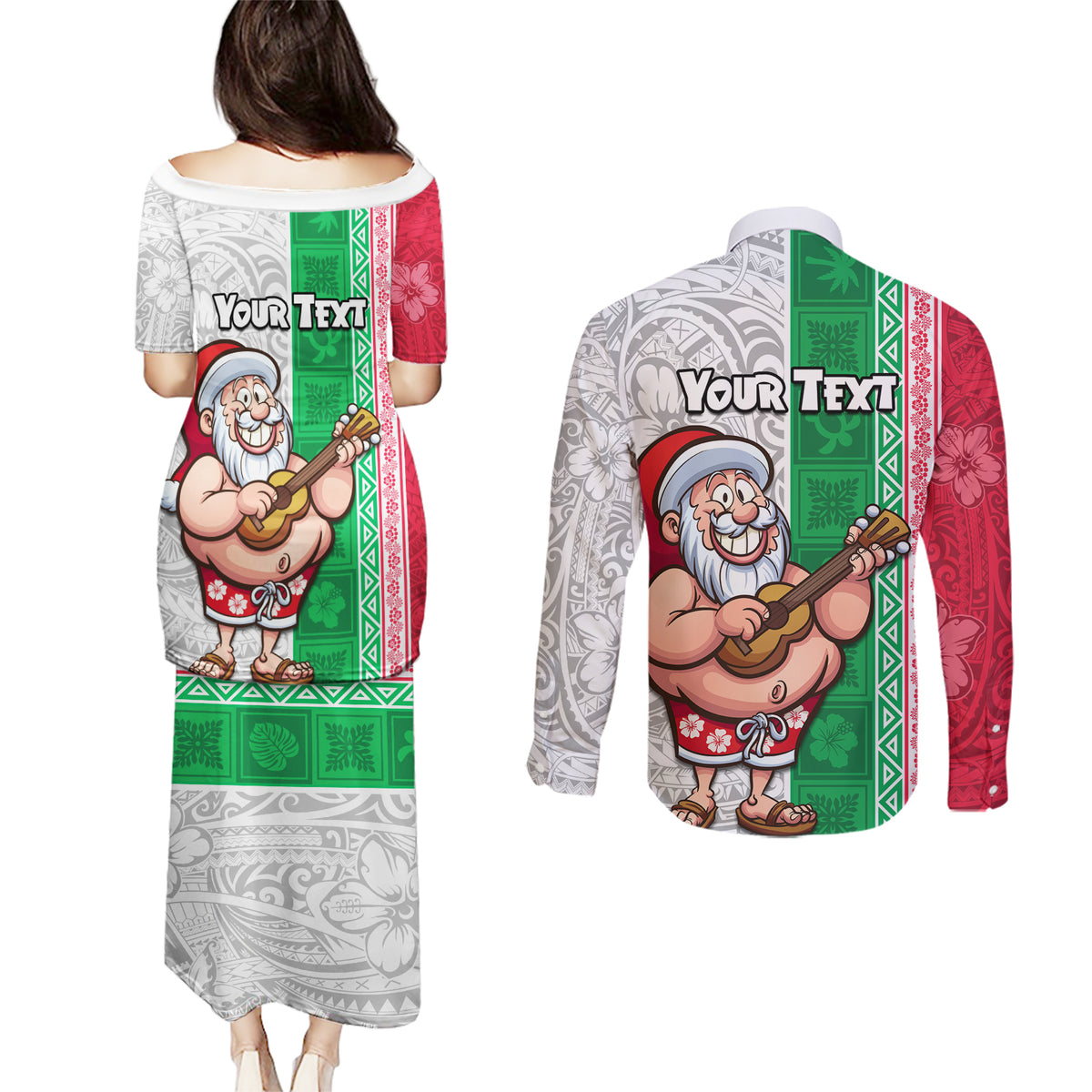 Custom Hawaii Mele Kalikimaka Couples Matching Puletasi Dress and Long Sleeve Button Shirt Santa Playing Ukele Mix Kakau Pattern Xmas Style LT03 - Polynesian Pride