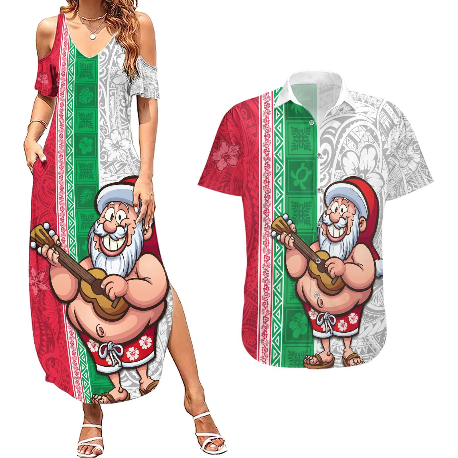 Custom Hawaii Mele Kalikimaka Couples Matching Summer Maxi Dress and Hawaiian Shirt Santa Playing Ukele Mix Kakau Pattern Xmas Style LT03 Red - Polynesian Pride