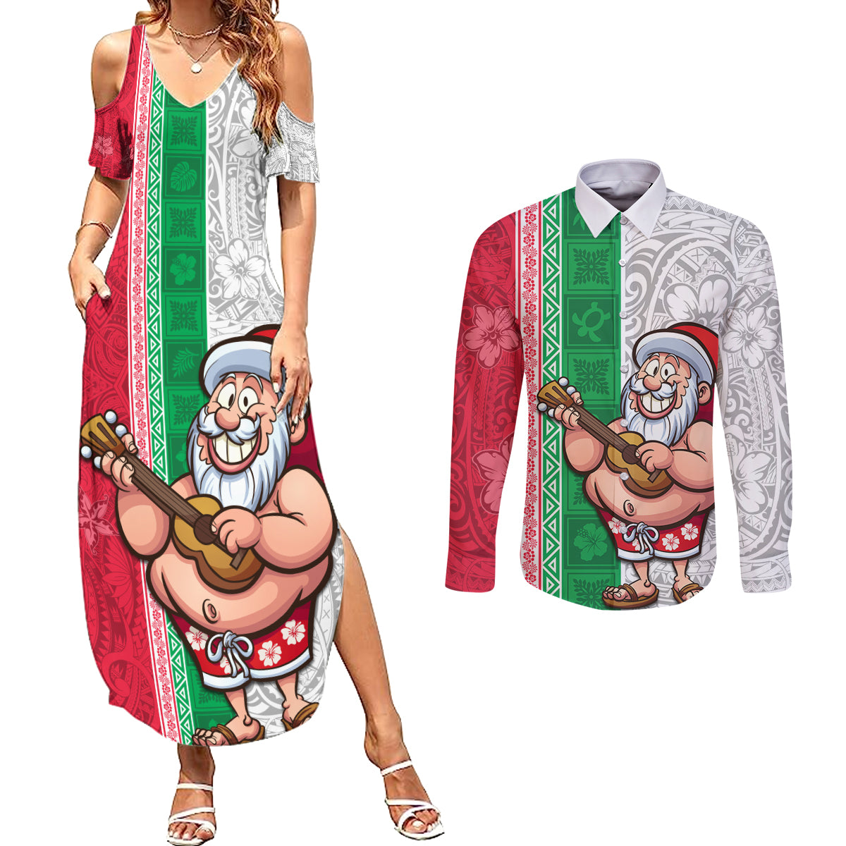 Custom Hawaii Mele Kalikimaka Couples Matching Summer Maxi Dress and Long Sleeve Button Shirt Santa Playing Ukele Mix Kakau Pattern Xmas Style LT03 Red - Polynesian Pride