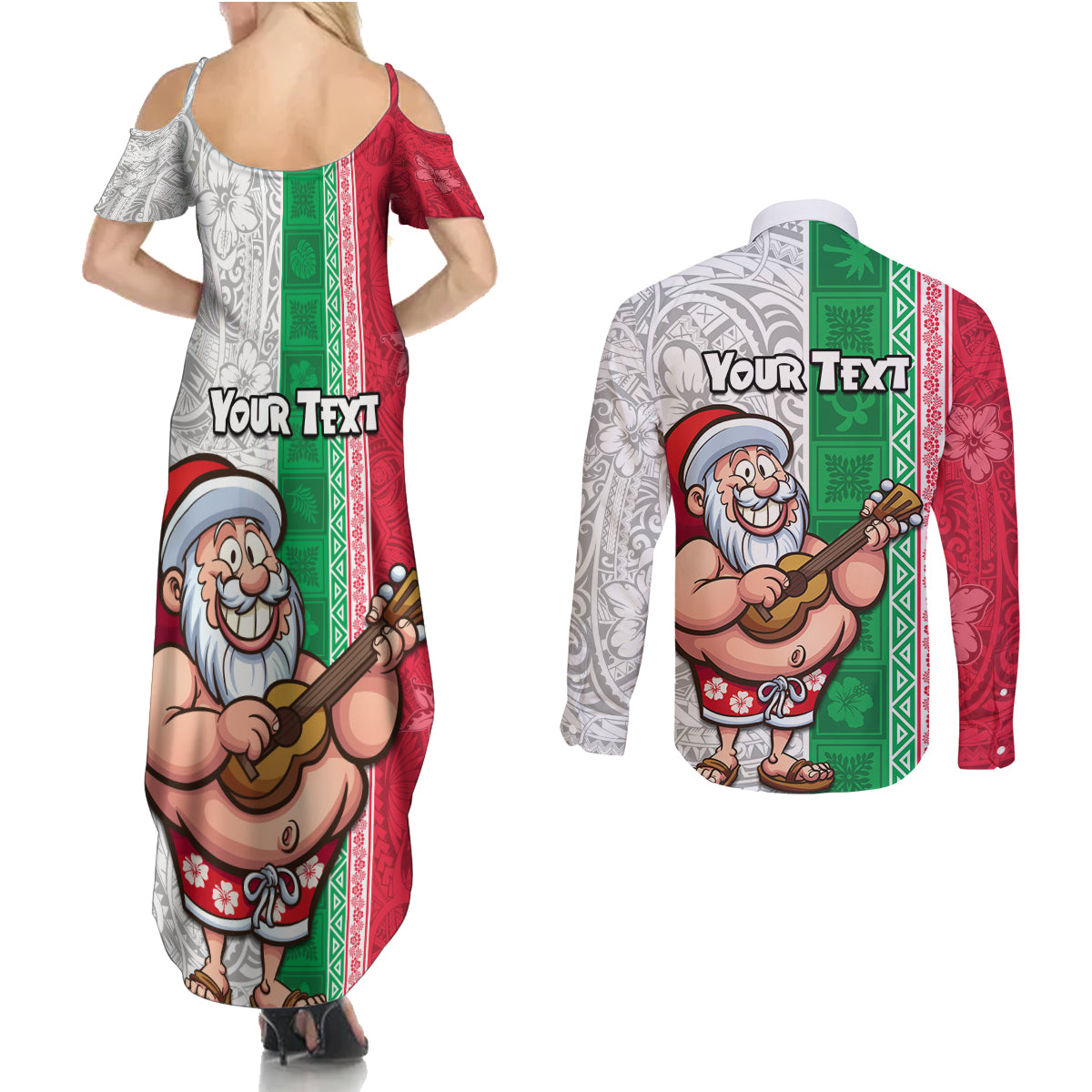 Custom Hawaii Mele Kalikimaka Couples Matching Summer Maxi Dress and Long Sleeve Button Shirt Santa Playing Ukele Mix Kakau Pattern Xmas Style LT03 - Polynesian Pride