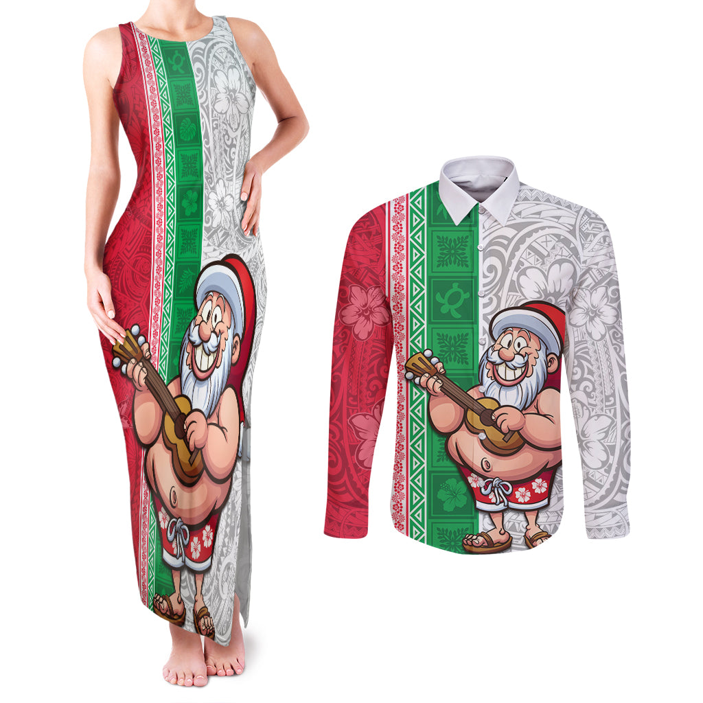 Custom Hawaii Mele Kalikimaka Couples Matching Tank Maxi Dress and Long Sleeve Button Shirt Santa Playing Ukele Mix Kakau Pattern Xmas Style LT03 Red - Polynesian Pride