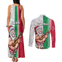 Custom Hawaii Mele Kalikimaka Couples Matching Tank Maxi Dress and Long Sleeve Button Shirt Santa Playing Ukele Mix Kakau Pattern Xmas Style LT03 - Polynesian Pride