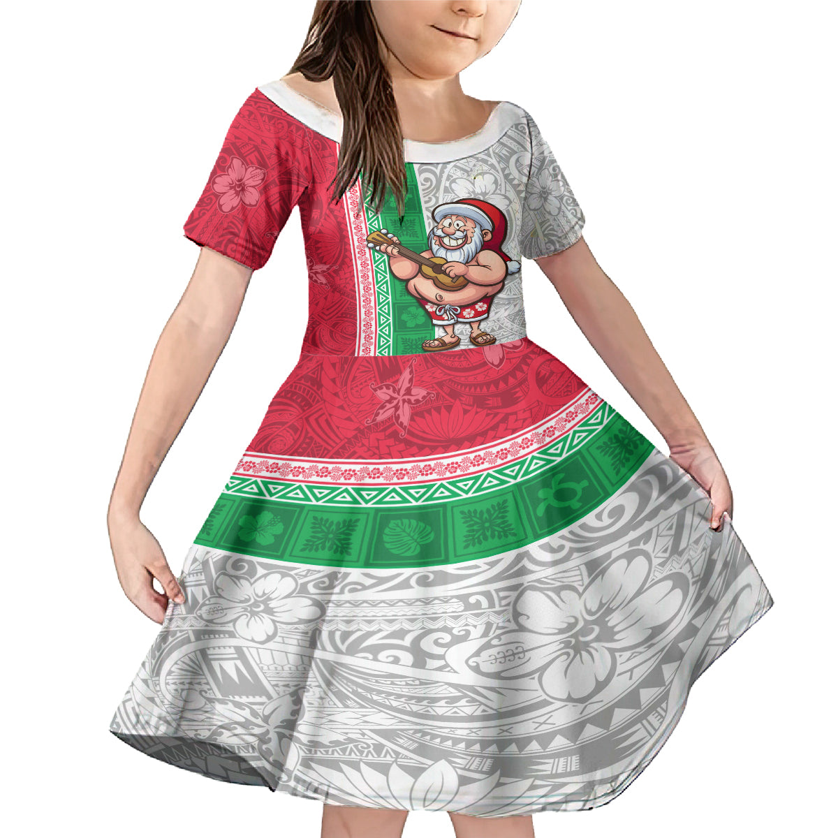 Custom Hawaii Mele Kalikimaka Family Matching Mermaid Dress and Hawaiian Shirt Santa Playing Ukele Mix Kakau Pattern Xmas Style LT03 Daughter's Dress Red - Polynesian Pride