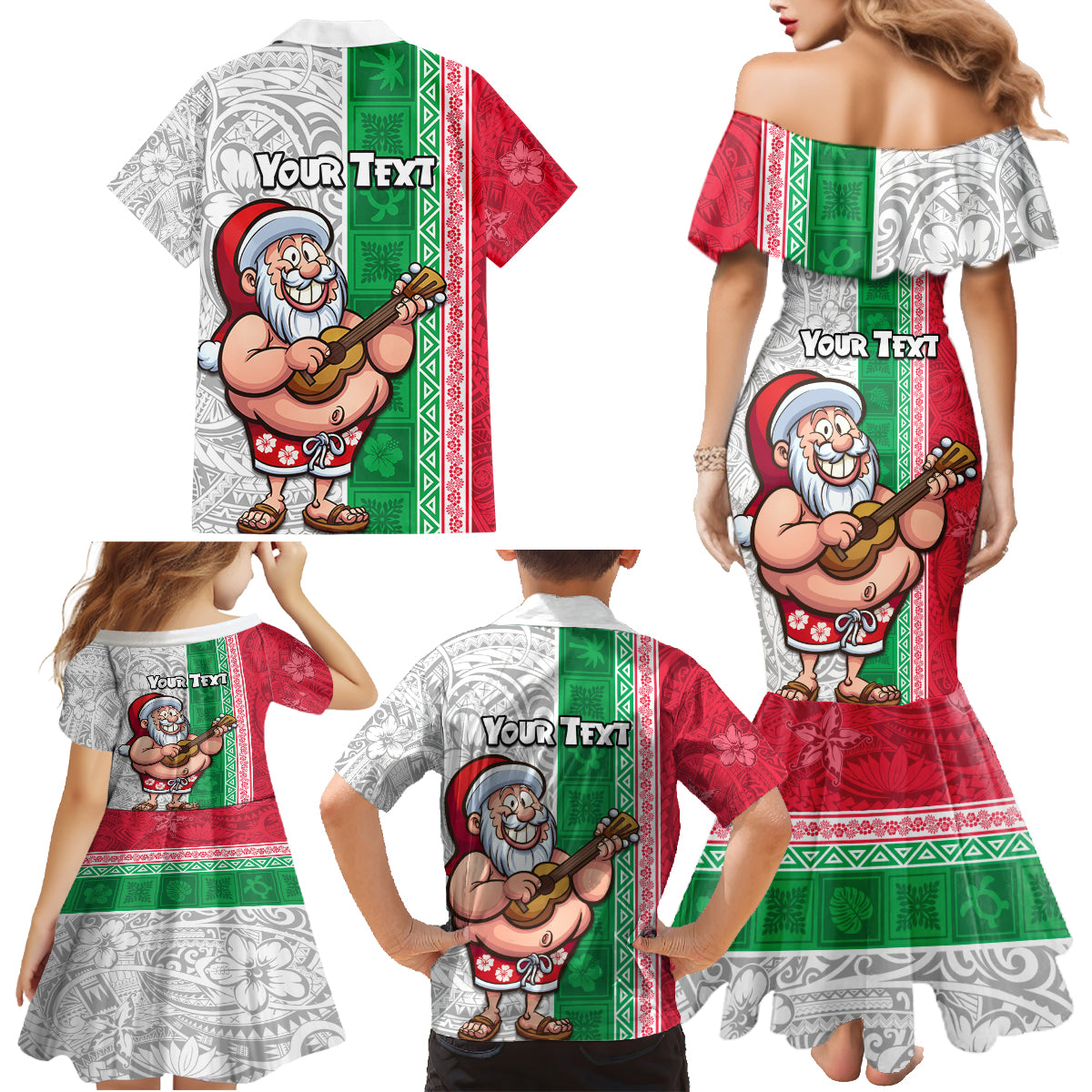 Custom Hawaii Mele Kalikimaka Family Matching Mermaid Dress and Hawaiian Shirt Santa Playing Ukele Mix Kakau Pattern Xmas Style LT03 - Polynesian Pride