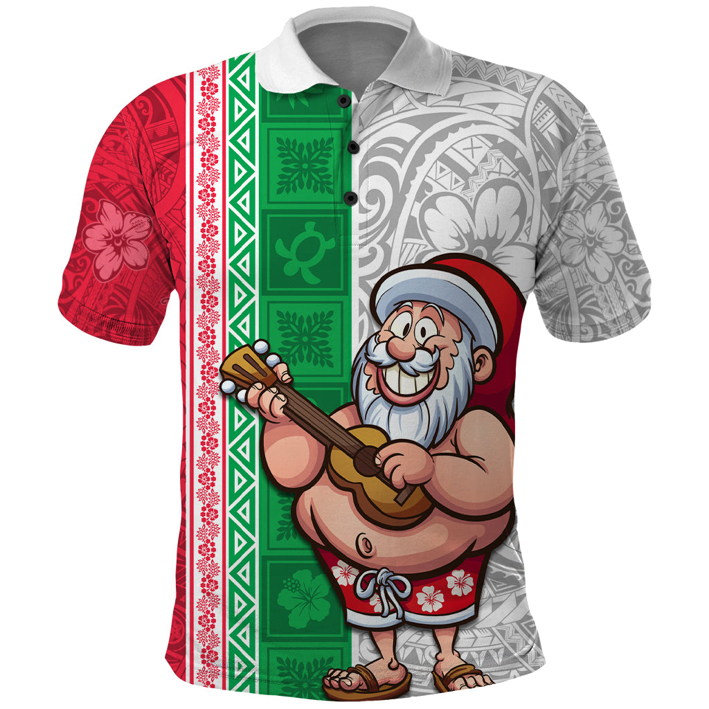 Custom Hawaii Mele Kalikimaka Polo Shirt Santa Playing Ukele Mix Kakau Pattern Xmas Style LT03 Red - Polynesian Pride