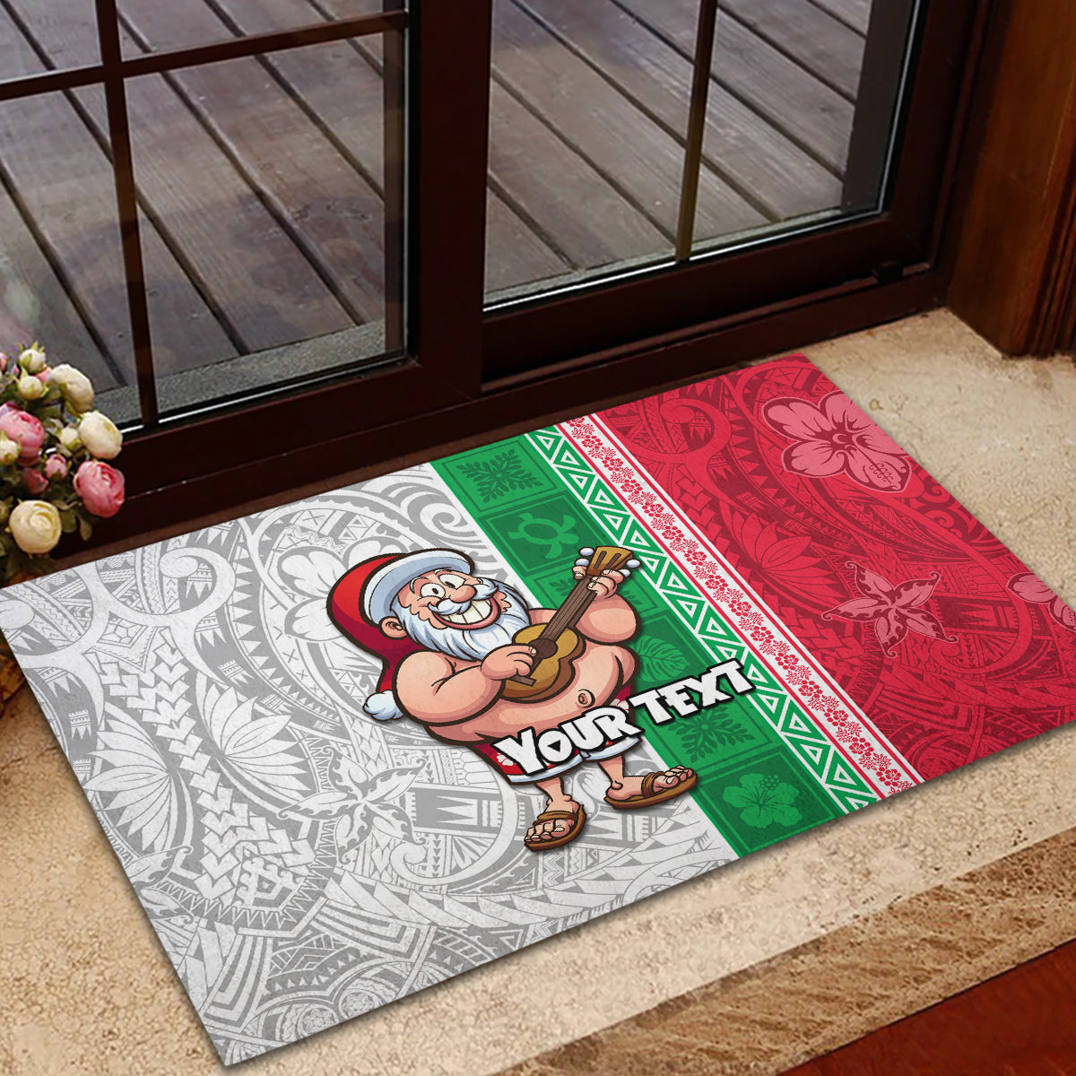 Custom Hawaii Mele Kalikimaka Rubber Doormat Santa Playing Ukele Mix Kakau Pattern Xmas Style LT03 - Polynesian Pride