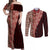 Tonga Fonulei and Ngatu Pattern Couples Matching Off Shoulder Maxi Dress and Long Sleeve Button Shirt LT03 Red - Polynesian Pride