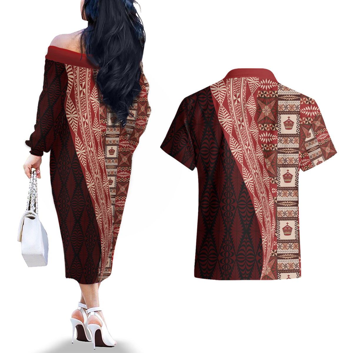 Tonga Fonulei and Ngatu Pattern Couples Matching Off The Shoulder Long Sleeve Dress and Hawaiian Shirt LT03 - Polynesian Pride