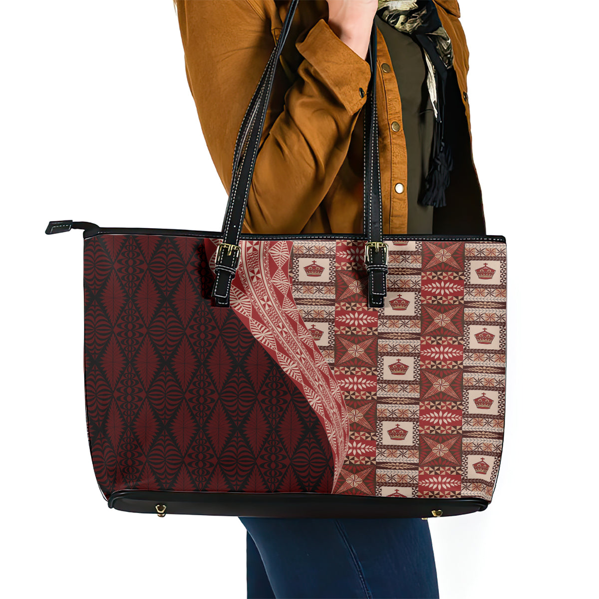 Tonga Fonulei and Ngatu Pattern Leather Tote Bag LT03 - Polynesian Pride