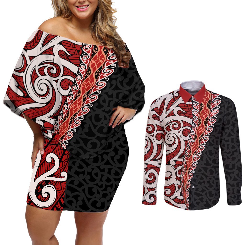 New Zealand Maori Stylized Koru Couples Matching Off Shoulder Short Dress and Long Sleeve Button Shirt LT03 Red - Polynesian Pride