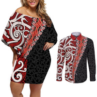 New Zealand Maori Stylized Koru Couples Matching Off Shoulder Short Dress and Long Sleeve Button Shirt LT03 Red - Polynesian Pride