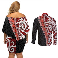 New Zealand Maori Stylized Koru Couples Matching Off Shoulder Short Dress and Long Sleeve Button Shirt LT03 - Polynesian Pride