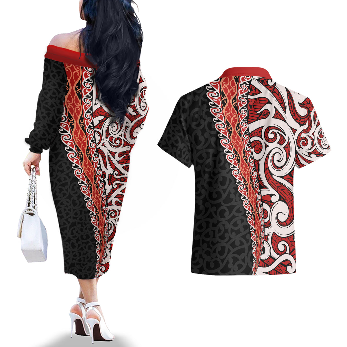 New Zealand Maori Stylized Koru Couples Matching Off The Shoulder Long Sleeve Dress and Hawaiian Shirt LT03 - Polynesian Pride