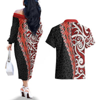 New Zealand Maori Stylized Koru Couples Matching Off The Shoulder Long Sleeve Dress and Hawaiian Shirt LT03 - Polynesian Pride