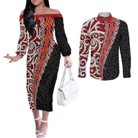 New Zealand Maori Stylized Koru Couples Matching Off The Shoulder Long Sleeve Dress and Long Sleeve Button Shirt LT03 Red - Polynesian Pride