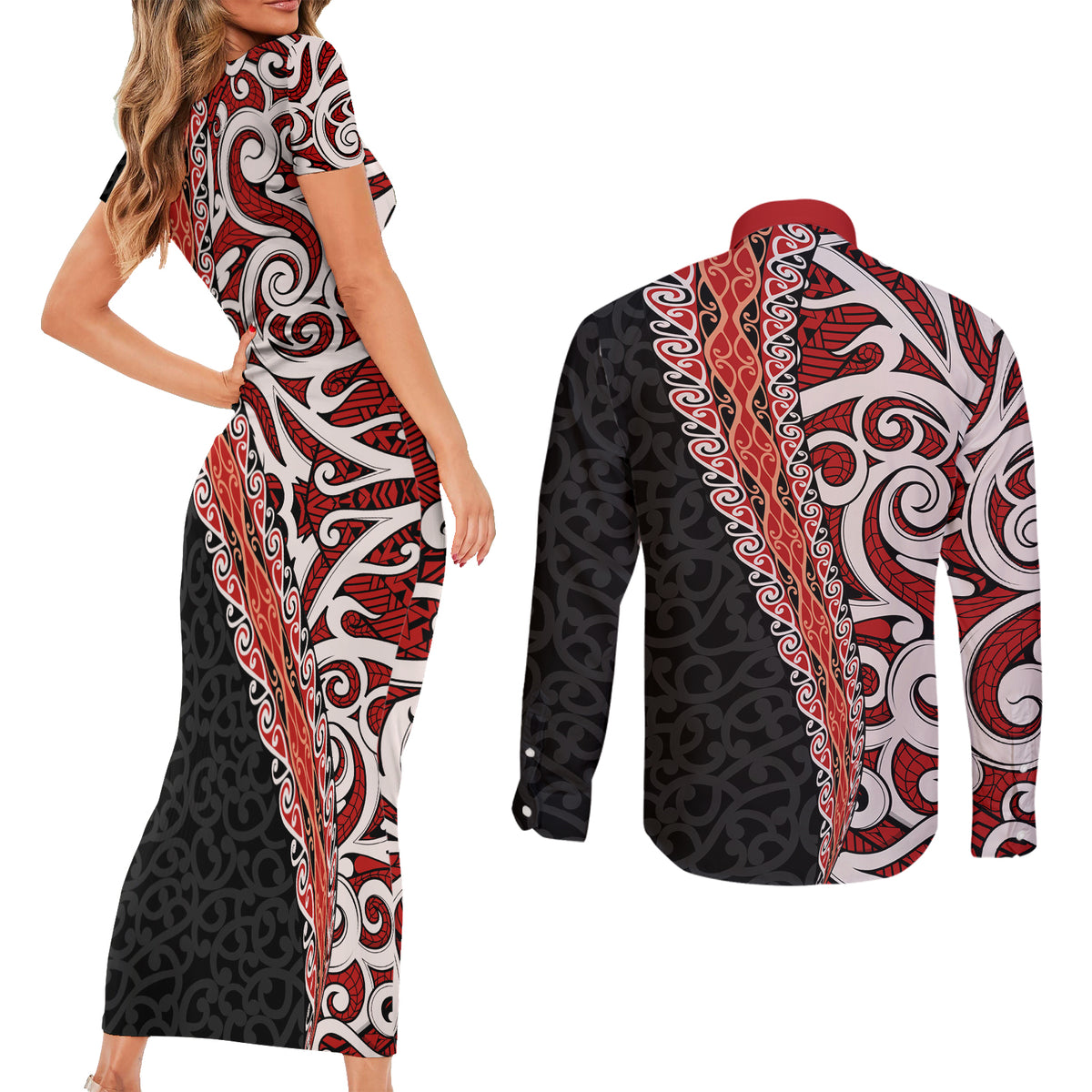 New Zealand Maori Stylized Koru Couples Matching Short Sleeve Bodycon Dress and Long Sleeve Button Shirt LT03 - Polynesian Pride