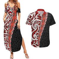 New Zealand Maori Stylized Koru Couples Matching Summer Maxi Dress and Hawaiian Shirt LT03 Red - Polynesian Pride