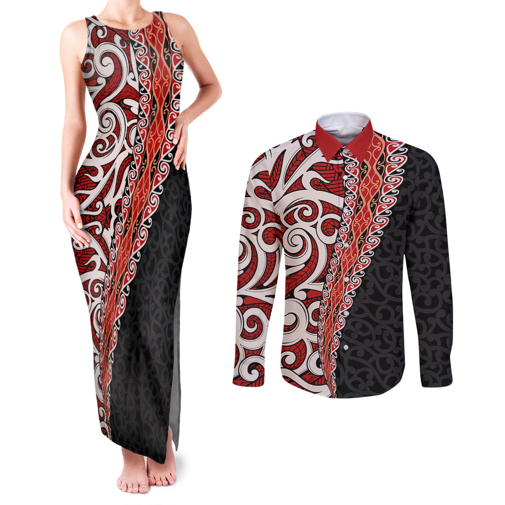 New Zealand Maori Stylized Koru Couples Matching Tank Maxi Dress and Long Sleeve Button Shirt LT03 Red - Polynesian Pride