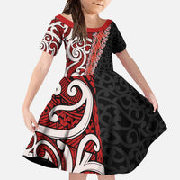 New Zealand Maori Stylized Koru Family Matching Long Sleeve Bodycon Dress and Hawaiian Shirt LT03 Daughter's Dress Red - Polynesian Pride