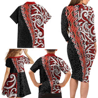 New Zealand Maori Stylized Koru Family Matching Long Sleeve Bodycon Dress and Hawaiian Shirt LT03 - Polynesian Pride