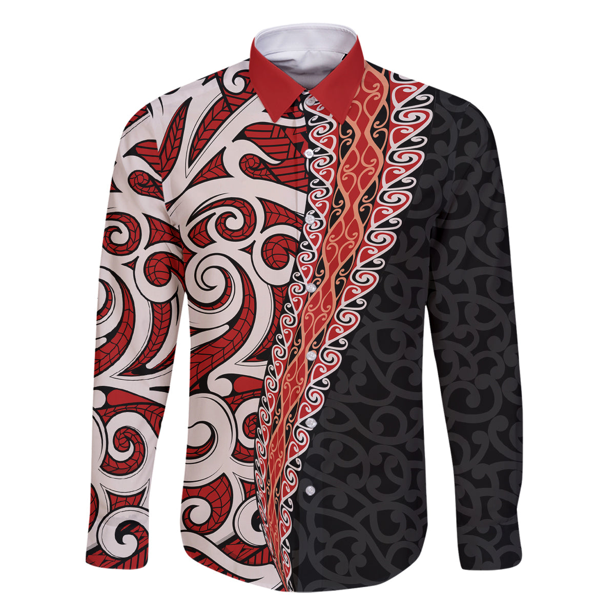 New Zealand Maori Stylized Koru Family Matching Off Shoulder Long Sleeve Dress and Hawaiian Shirt LT03 Dad's Shirt - Long Sleeve Red - Polynesian Pride