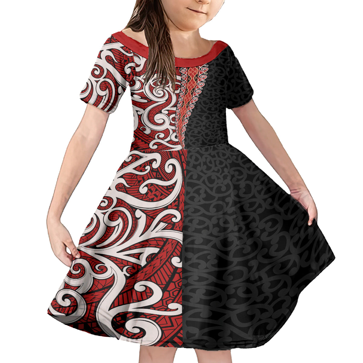 New Zealand Maori Stylized Koru Family Matching Tank Maxi Dress and Hawaiian Shirt LT03 Daughter's Dress Red - Polynesian Pride