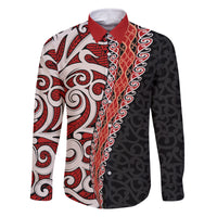 New Zealand Maori Stylized Koru Family Matching Tank Maxi Dress and Hawaiian Shirt LT03 Dad's Shirt - Long Sleeve Red - Polynesian Pride