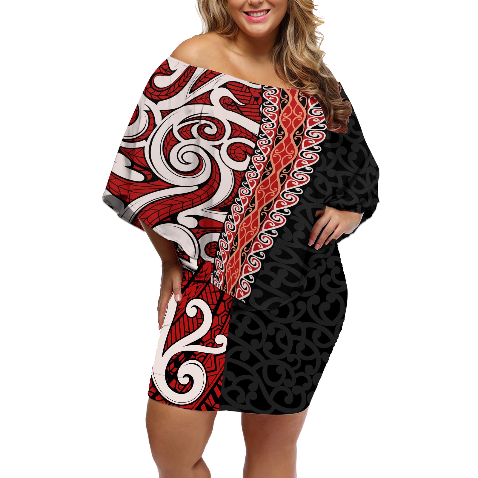 New Zealand Maori Stylized Koru Off Shoulder Short Dress LT03 Women Red - Polynesian Pride