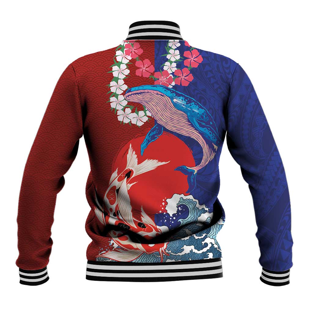 Hawaiian and Japanese Together Baseball Jacket The Whale and Koi Fish with Hinomaru and Lei
