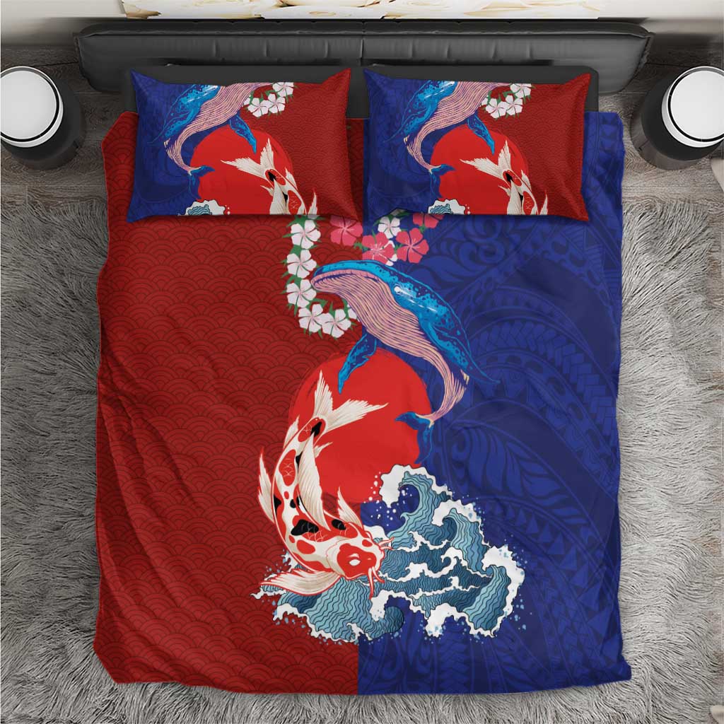 Hawaiian and Japanese Together Bedding Set The Whale and Koi Fish with Hinomaru and Lei