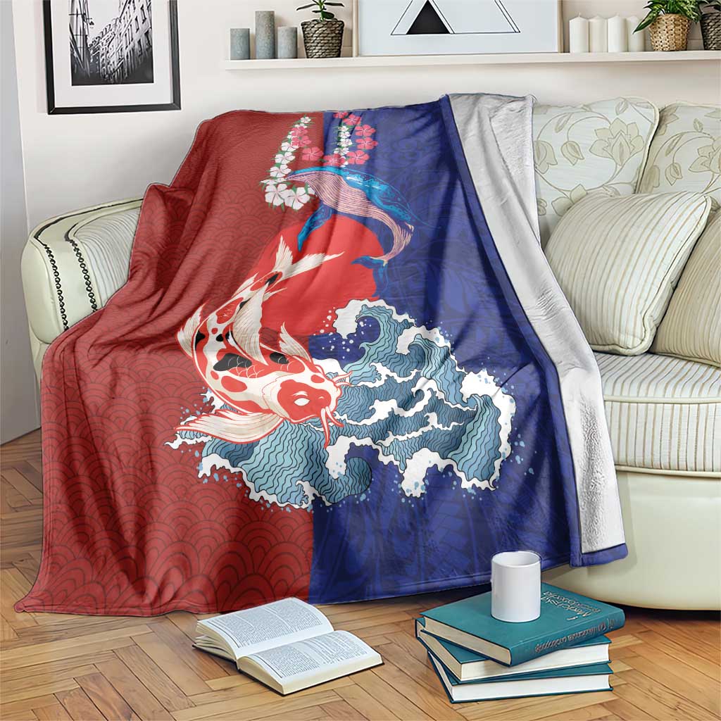 Hawaiian and Japanese Together Blanket The Whale and Koi Fish with Hinomaru and Lei