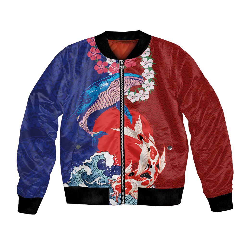 Hawaiian and Japanese Together Bomber Jacket The Whale and Koi Fish with Hinomaru and Lei