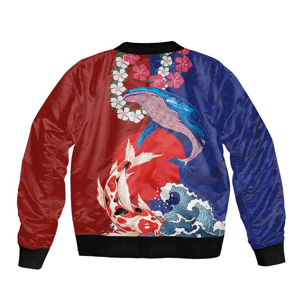 Hawaiian and Japanese Together Bomber Jacket The Whale and Koi Fish with Hinomaru and Lei
