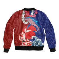 Hawaiian and Japanese Together Bomber Jacket The Whale and Koi Fish with Hinomaru and Lei