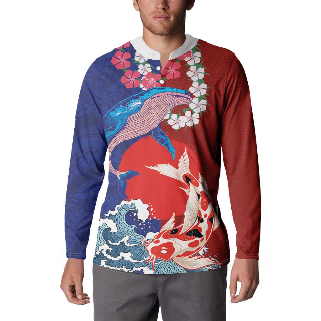 Hawaiian and Japanese Together Button Sweatshirt The Whale and Koi Fish with Hinomaru and Lei