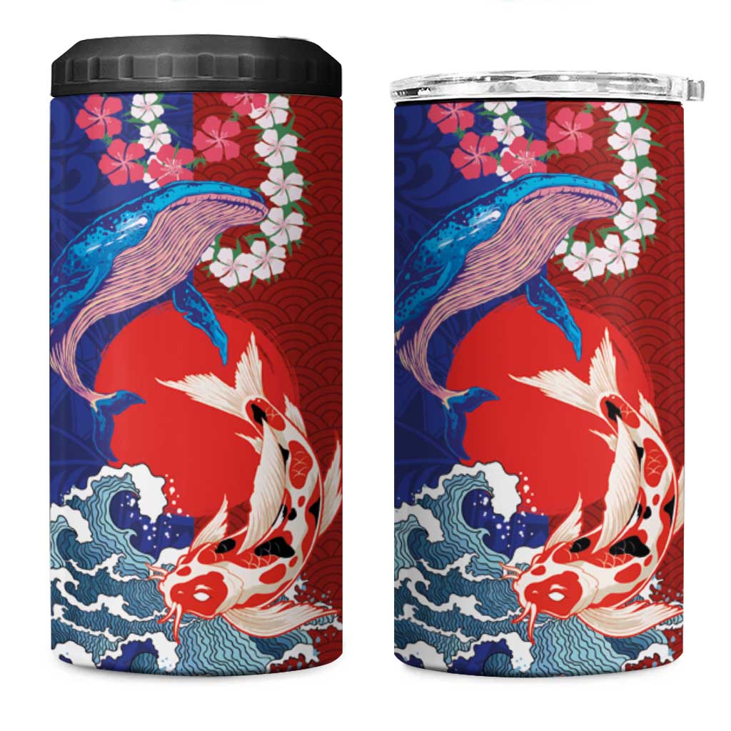 Hawaiian and Japanese Together 4 in 1 Can Cooler Tumbler The Whale and Koi Fish with Hinomaru and Lei