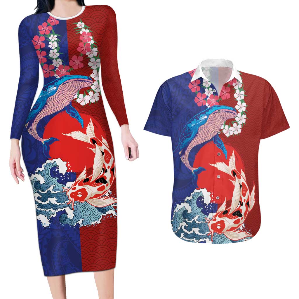 Hawaiian and Japanese Together Couples Matching Long Sleeve Bodycon Dress and Hawaiian Shirt The Whale and Koi Fish with Hinomaru and Lei