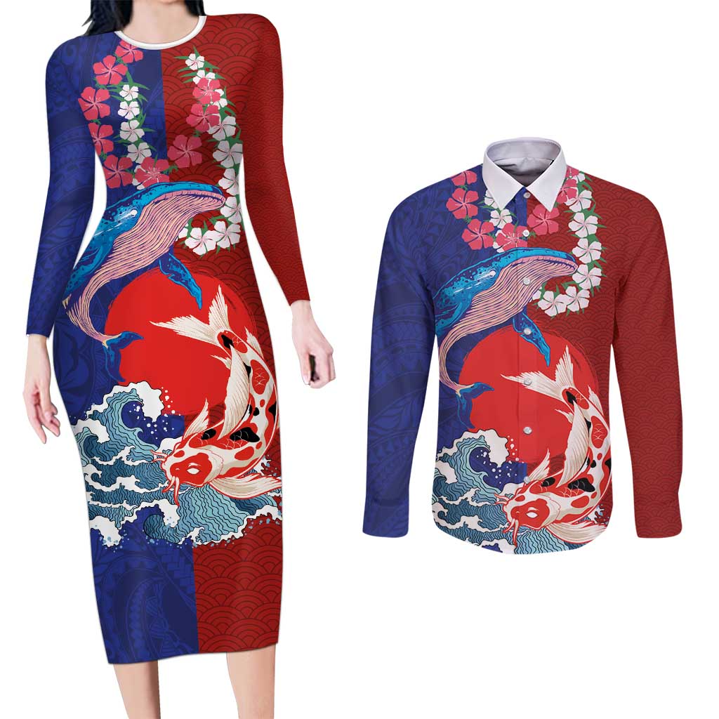 Hawaiian and Japanese Together Couples Matching Long Sleeve Bodycon Dress and Long Sleeve Button Shirt The Whale and Koi Fish with Hinomaru and Lei