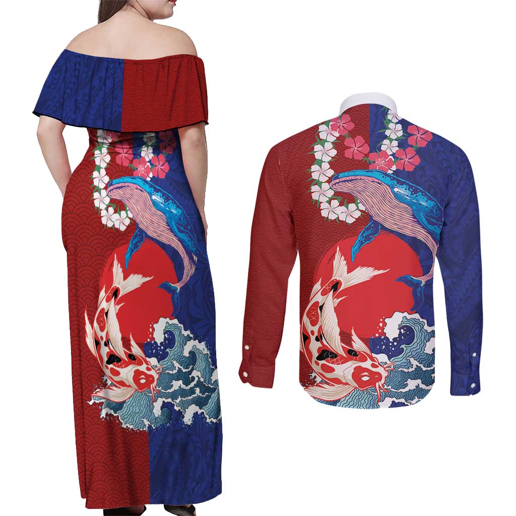 Hawaiian and Japanese Together Couples Matching Off Shoulder Maxi Dress and Long Sleeve Button Shirt The Whale and Koi Fish with Hinomaru and Lei