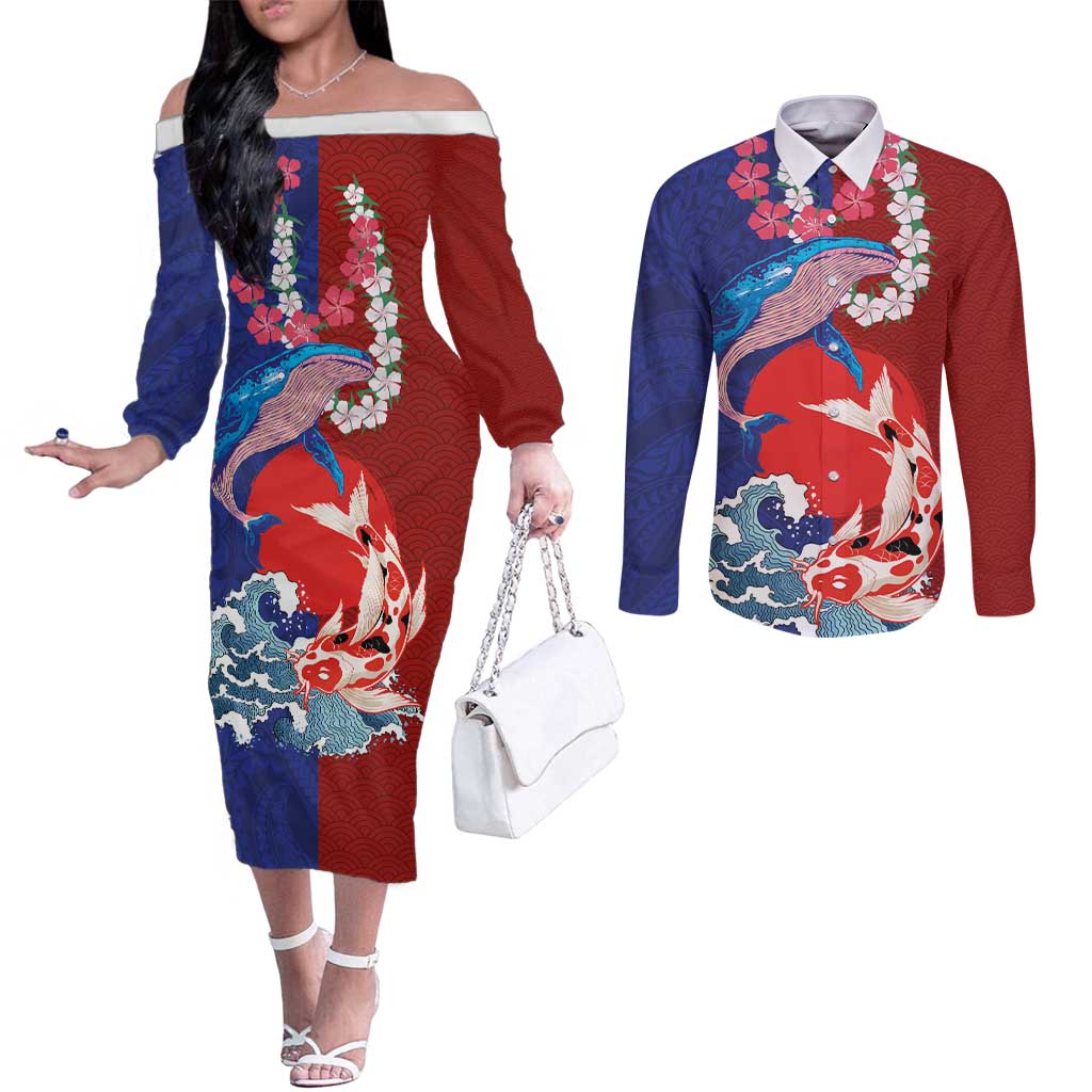 Hawaiian and Japanese Together Couples Matching Off The Shoulder Long Sleeve Dress and Long Sleeve Button Shirt The Whale and Koi Fish with Hinomaru and Lei