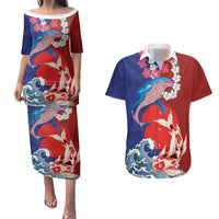 Hawaiian and Japanese Together Couples Matching Puletasi and Hawaiian Shirt The Whale and Koi Fish with Hinomaru and Lei